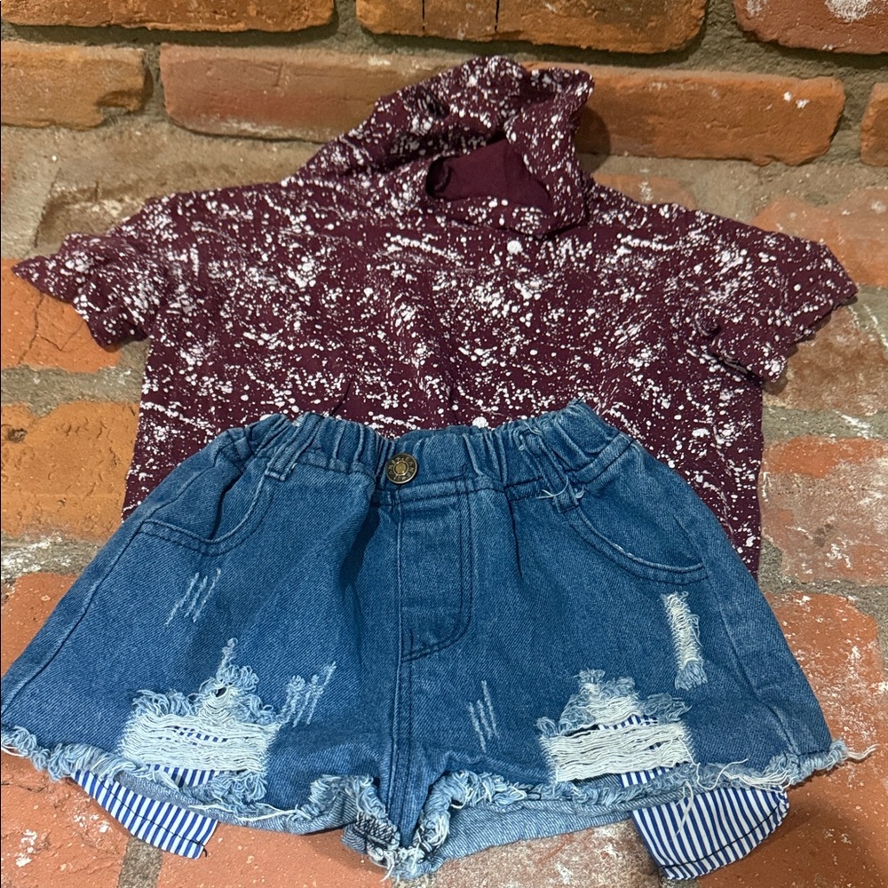 Burgundy Speckled Hoodie and Distressed Denim Shorts